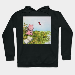 kitten reading in a meadow watercolor illustration Hoodie